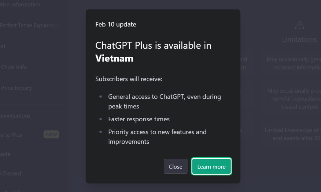 Ngày 10/2, ứng dụng ChatGPT thông báo chính thức hỗ trợ gói Plus cho người dùng tại Việt Nam.