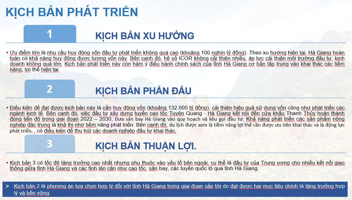 H&agrave; Giang đưa ra 3 kịch bản ph&aacute;t triển giai đoạn tới, trong đ&oacute; Kịch bản 2 được x&aacute;ch định l&agrave; phương &aacute;n lựa chọn hợp l&yacute; đối với tỉnh H&agrave; Giang.