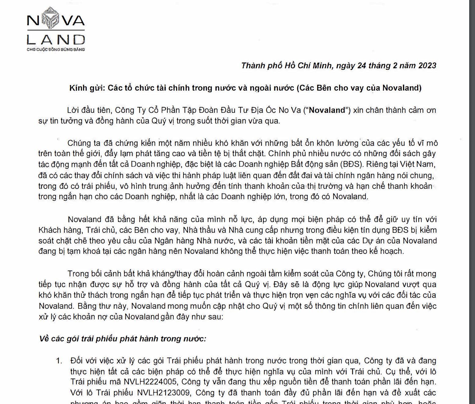 &Ocirc;ng B&ugrave;i Th&agrave;nh Nhơn, Chủ tịch HĐQT CTCP Tập đo&agrave;n Đầu tư Địa ốc No Va viết t&acirc;m thư.