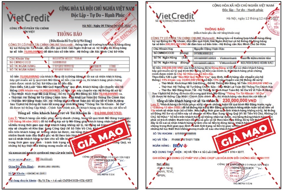 Để tạo niềm tin cho khách hàng, kẻ gian còn giả mạo các văn bản có con dấu, chữ ký của người có thẩm quyền tại VietCredit. Ảnh: VietCredit.