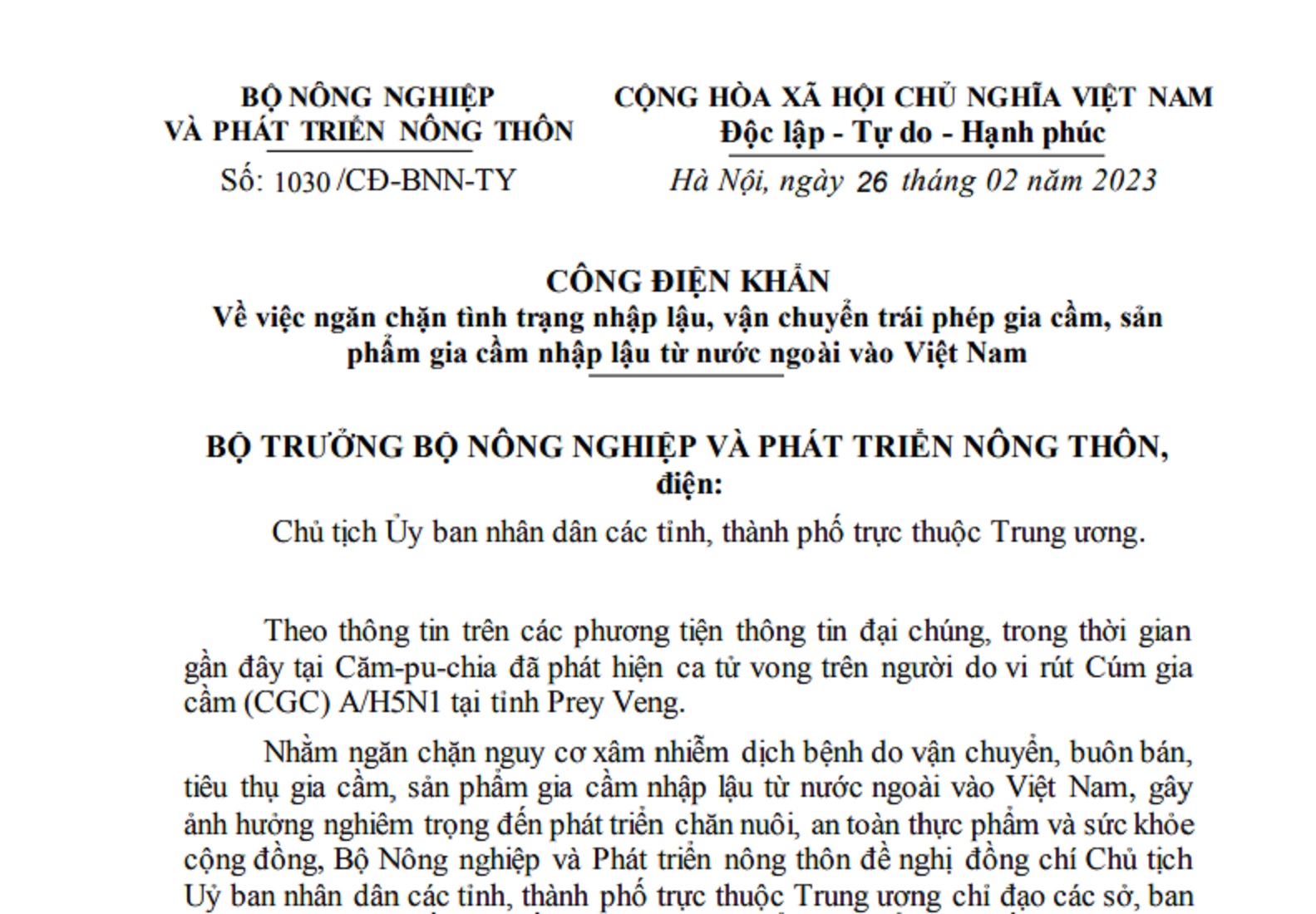 Công điện của Bộ Nông nghiệp và Phát triển nông thôn.
