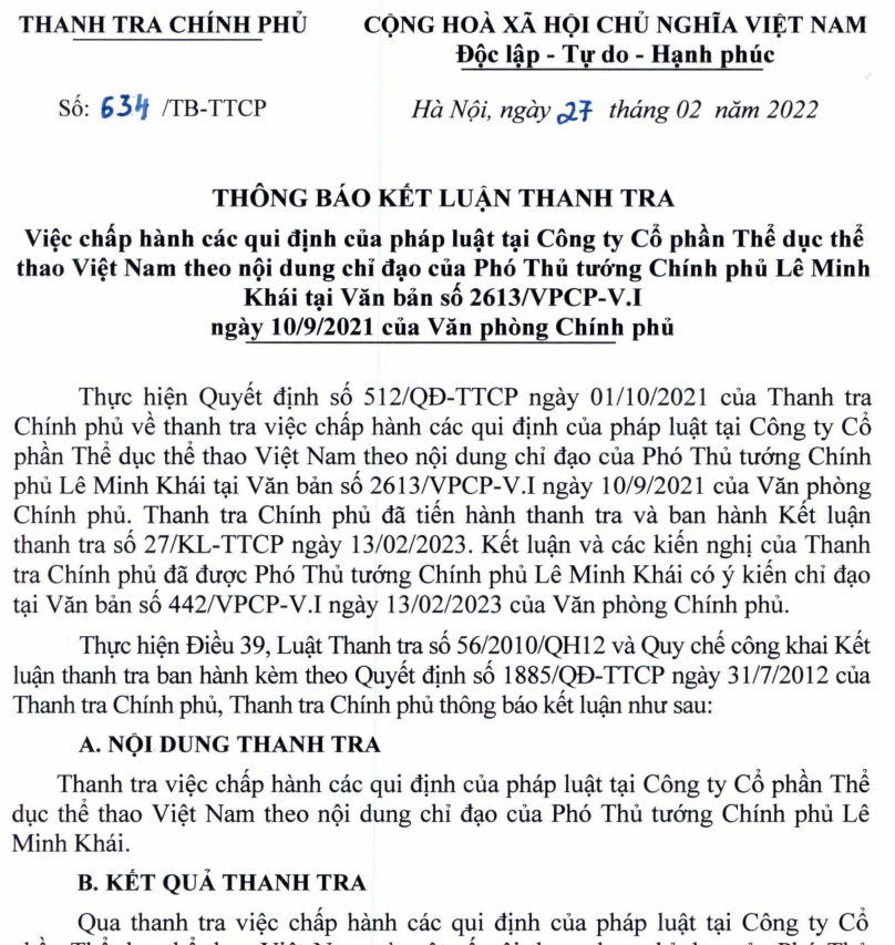 Kết luận thanh tra tại Công ty Cổ phần Thể dục thể thao Việt Nam (Vinasport).