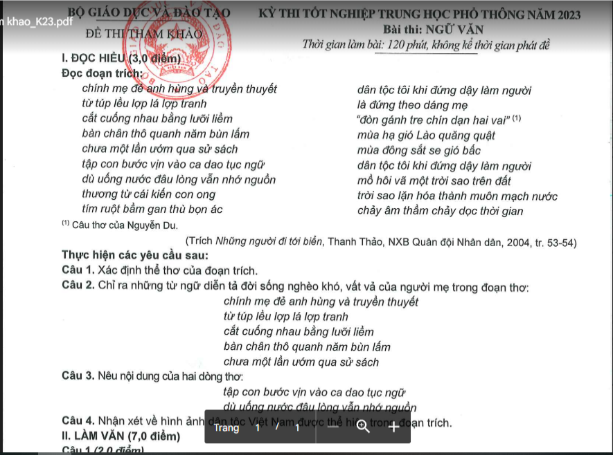 Đề thi minh họa m&ocirc;n Ngữ Văn kỳ thi THPT 2023.