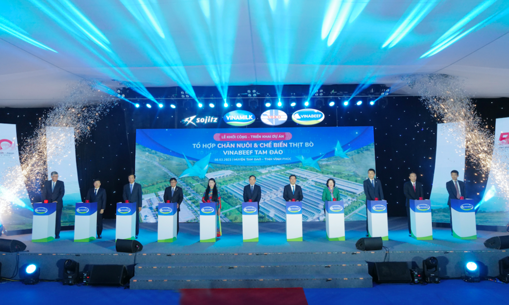 Các đại biểu ấn nút khởi côngTổ hợp chăn nuôi và Chế biến thịt bò Vinabeef Tam Đảo.