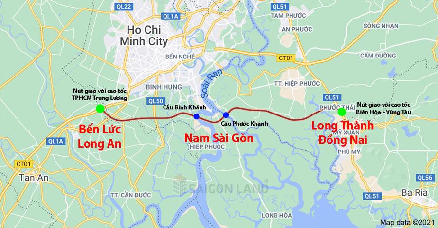 Hướng tuyến của cao tốc Bến Lức - Long Thành trên bản đồ.