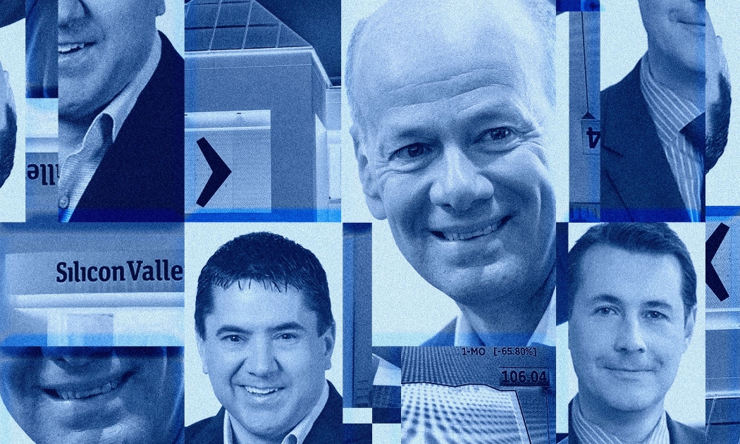 Các nhà lãnh đạo của SVB, từ trái sang phải, Michael Descheneaux, Greg Becker và Daniel Beck - Ảnh: Reuters