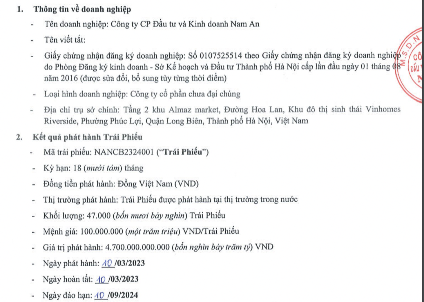 Thông tin phát hành trái phiếu của Nam An. 
