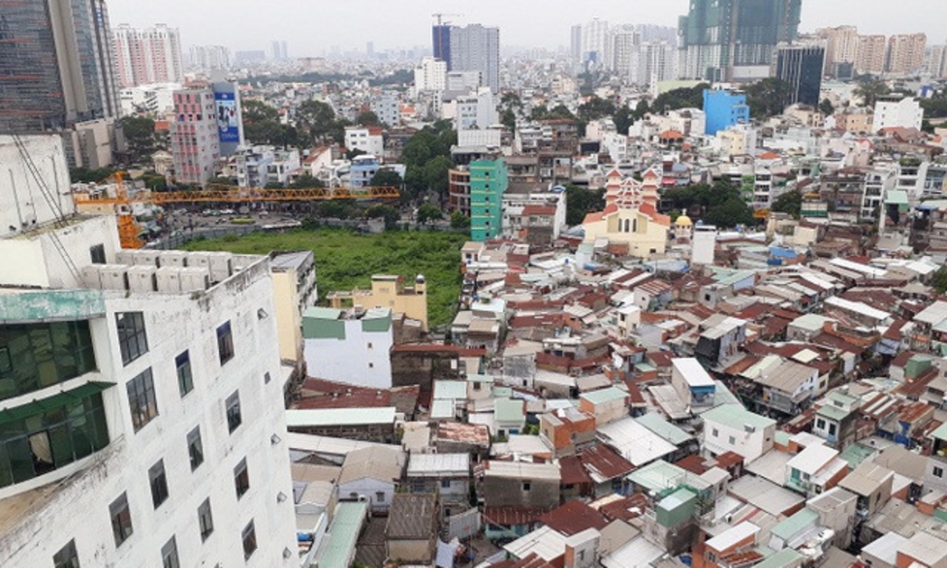 Toàn cảnh khu Mả Lạng, tức tứ giác Nguyễn Cư Trinh - Trần Đình Xu - Cống Quỳnh - Nguyễn Trãi (phường Nguyễn Cư Trinh, Q.1) nhìn từ trên cao.