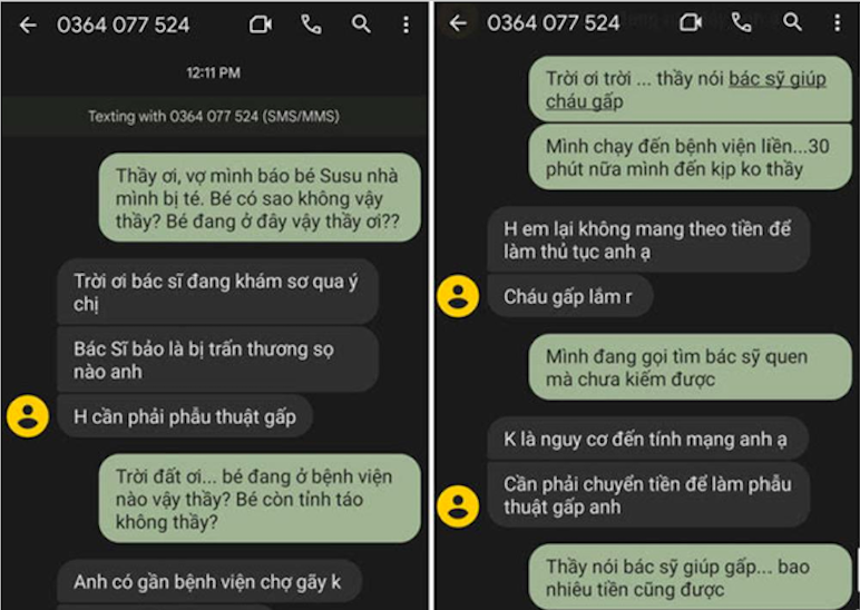 Một số tin nhắn thông báo "Con đang cấp cứu" để lừa đảo chuyển tiền, chiếm đoạt tài sản - Nguồn: Bộ Công an.