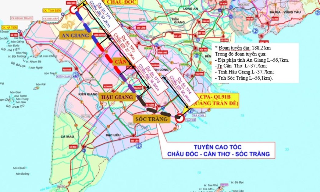 Dự án cao tốc Châu Đốc - Sóc Trăng - Cần Thơ có tổng chiều dài 188 km; trong đó đoạn đi qua tỉnh An Giang dài 57 km vừa được UBND tỉnh An Giang phê duyệt gồm 43 gói thầu với tổng giá trị hơn 10.500 tỷ đồng.