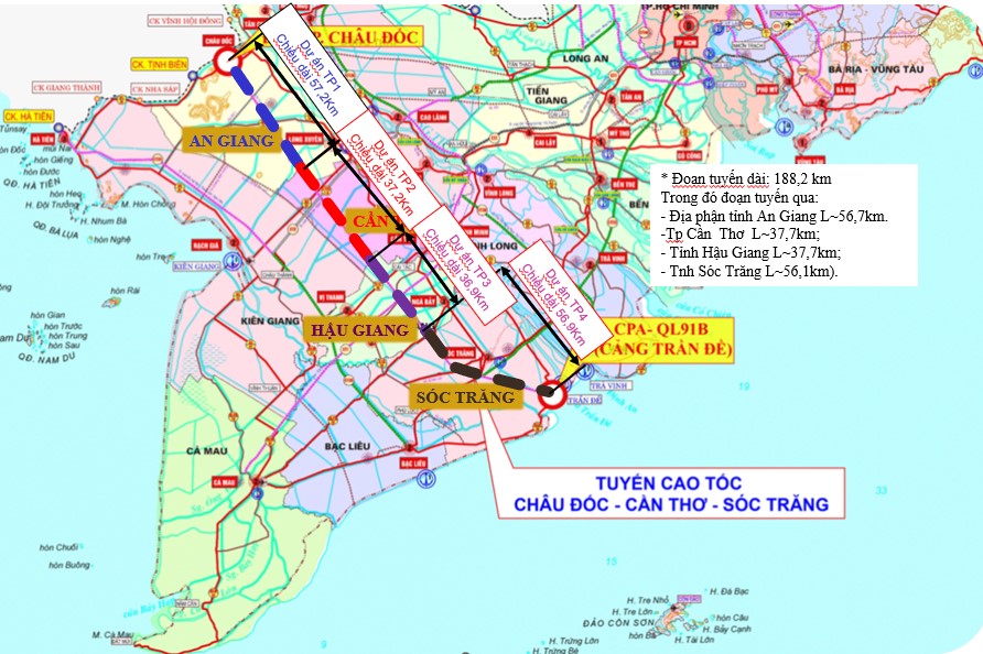 Dự án cao tốc Châu Đốc - Sóc Trăng - Cần Thơ có tổng chiều dài 188 km; trong đó đoạn đi qua tỉnh An Giang dài 57 km vừa được UBND tỉnh An Giang phê duyệt gồm 43 gói thầu với tổng giá trị hơn 10.500 tỷ đồng.