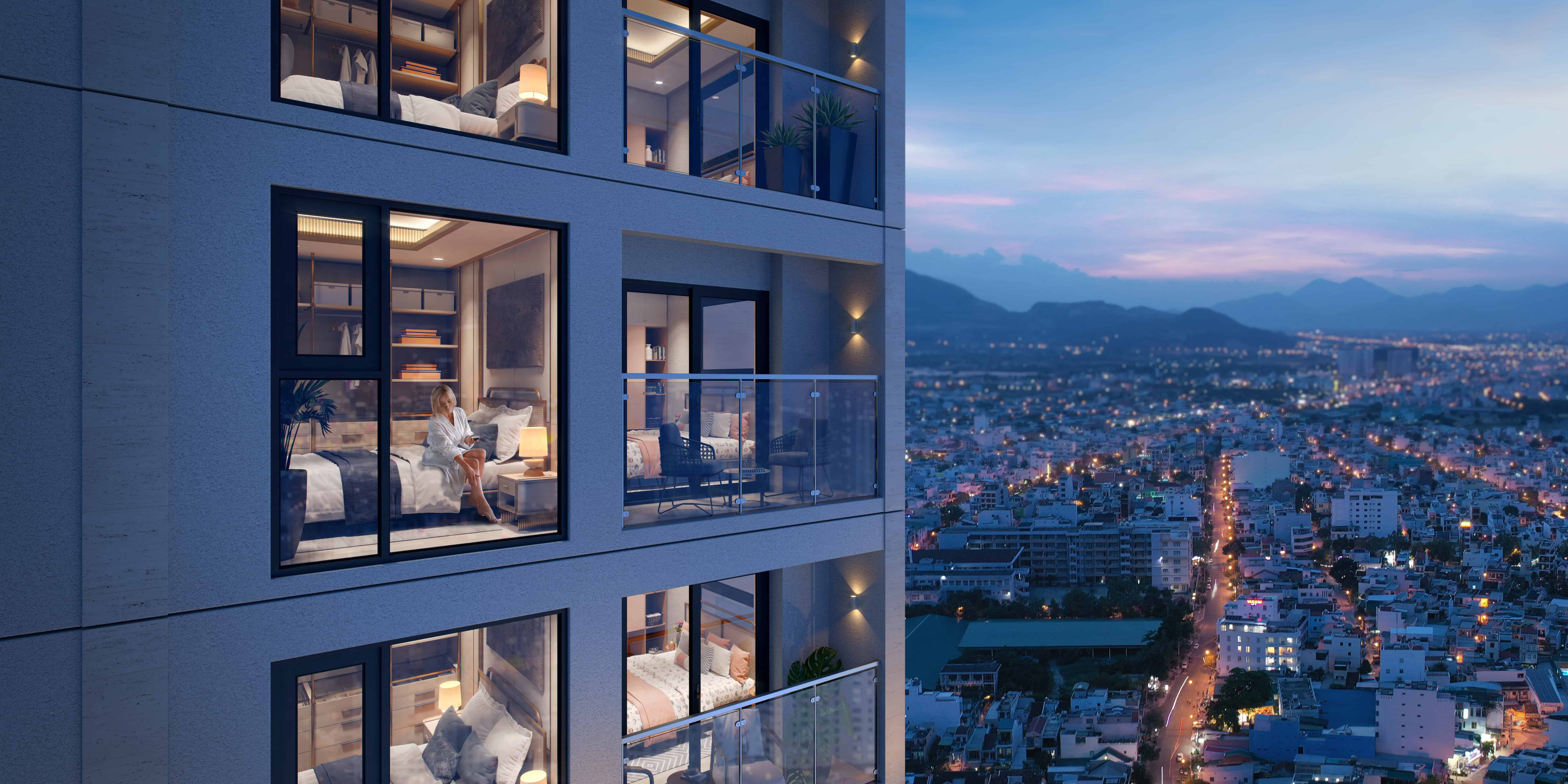 Hệ cửa kính rộng mở tại Grand Mark Nha Trang giúp bao trọn tầm nhìn tuyệt đẹp. Hình phối cảnh.
