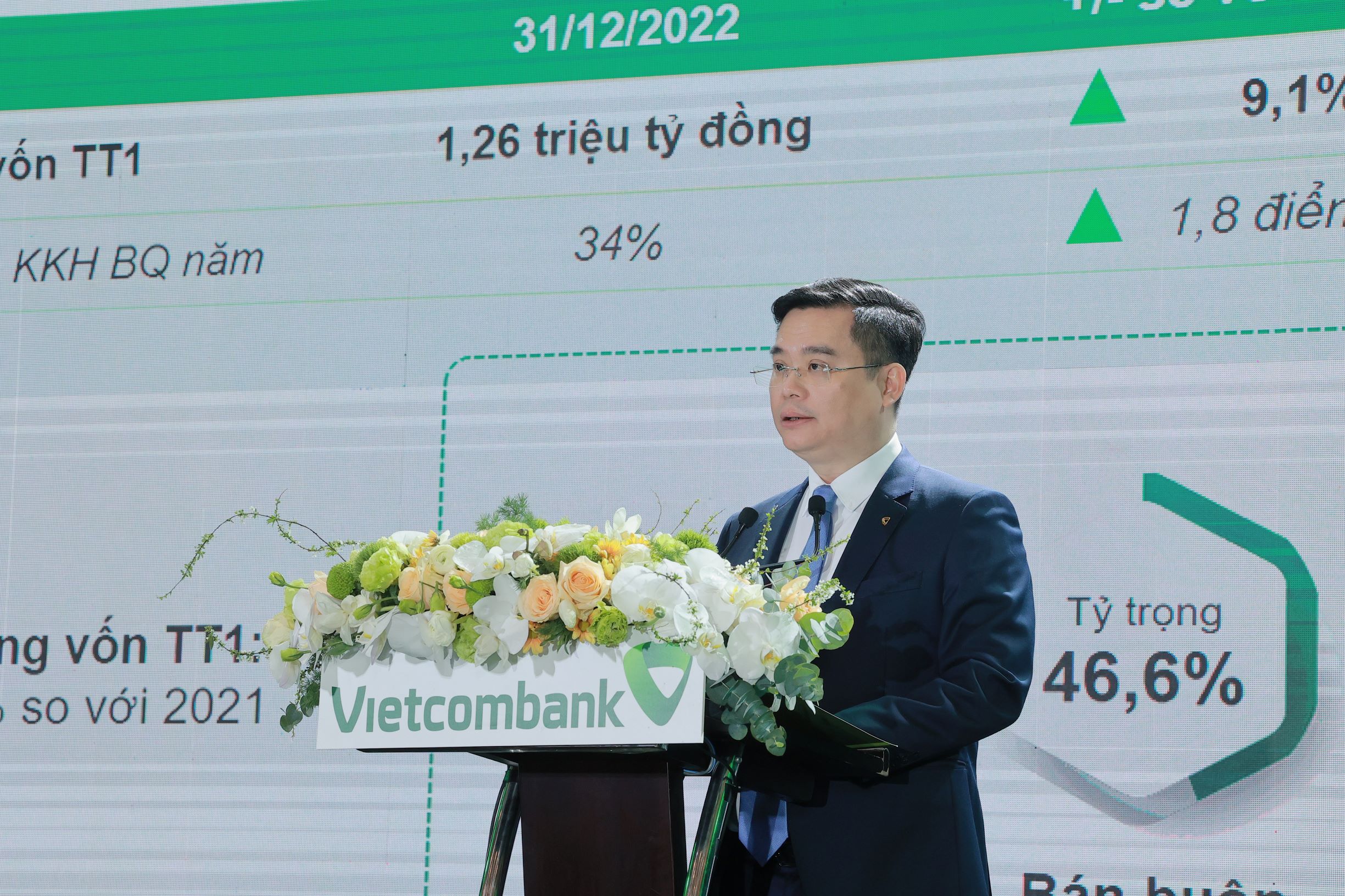 Đồng chí Nguyễn Thanh Tùng trình bày báo cáo tại Hội nghị Tổng kết kinh doanh năm 2022 và triển khai nhiệm vụ năm 2023, ngày 9/1/2023.