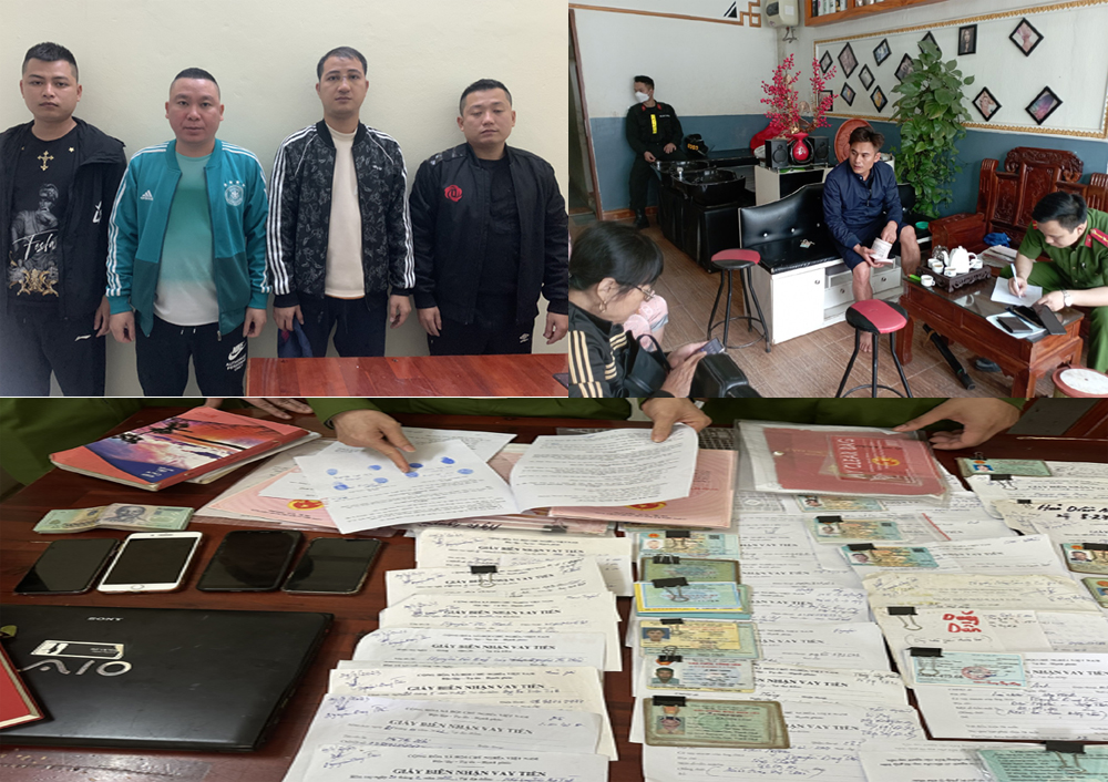 Các đối tượng và tài liệu, tang vật liên quan đến hoạt động “tín dụng đen” . Ảnh: Công an tỉnh Thanh Hóa.