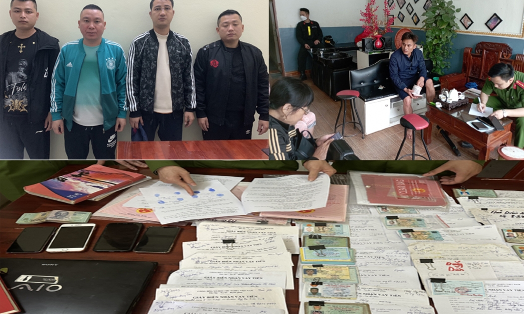 Các đối tượng và tài liệu, tang vật liên quan đến hoạt động “tín dụng đen” . Ảnh: Công an tỉnh Thanh Hóa.