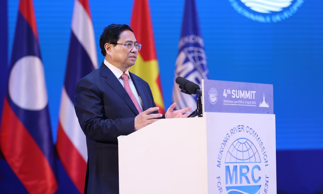 Thủ tướng Chính phủ Phạm Minh Chính phát biểu tại Hội nghị Cấp cao lần thứ 4 Ủy hội sông Mekong quốc tế - Ảnh: VGP