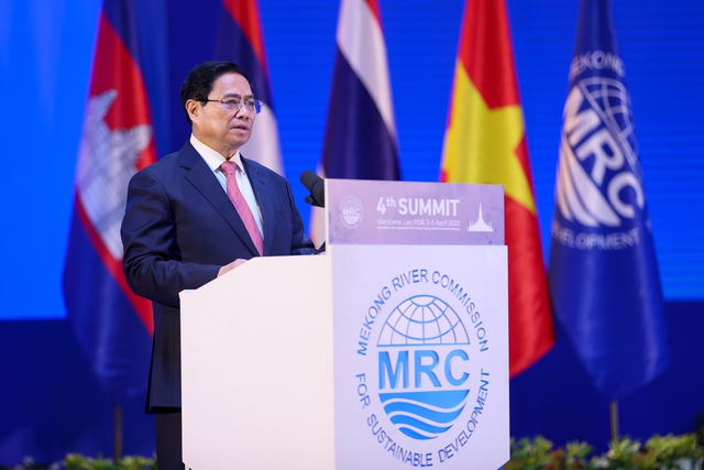 Thủ tướng Phạm Minh Chính phát biểu tại Hội nghị Cấp cao lần thứ 4 Ủy hội sông Mekong quốc tế - Ảnh: VGP