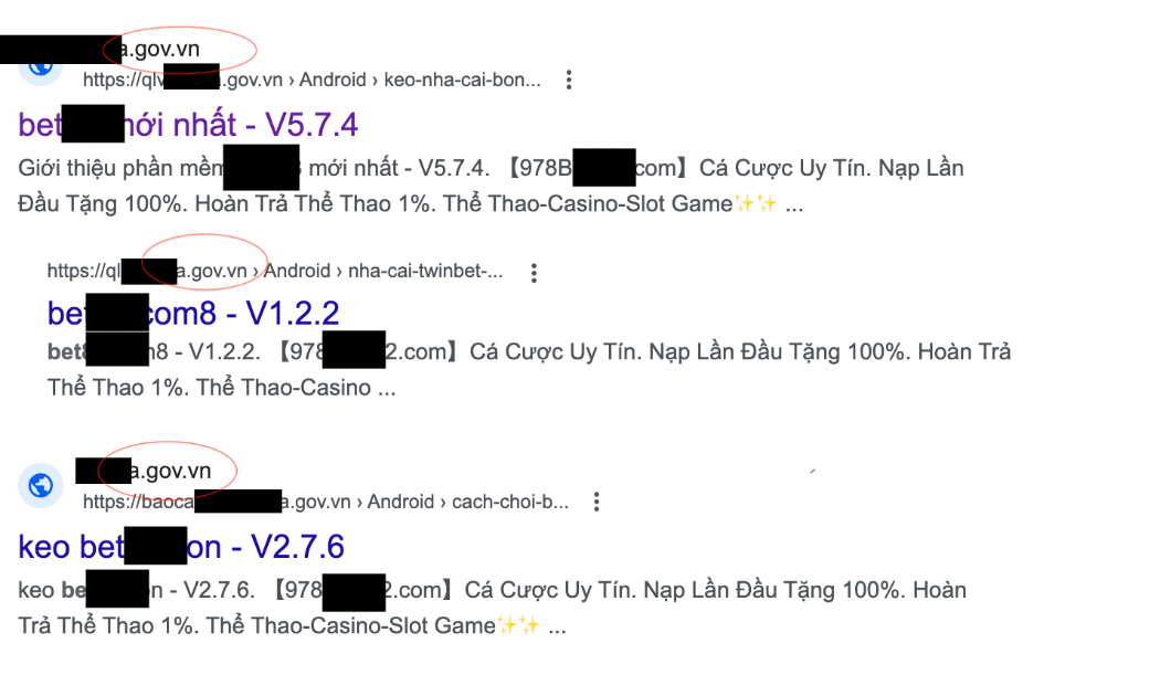 Bùng phát các quảng cáo website cờ bạc núp bóng link “chính chủ” .gov.vn (Ảnh chụp màn hình search từ Google).