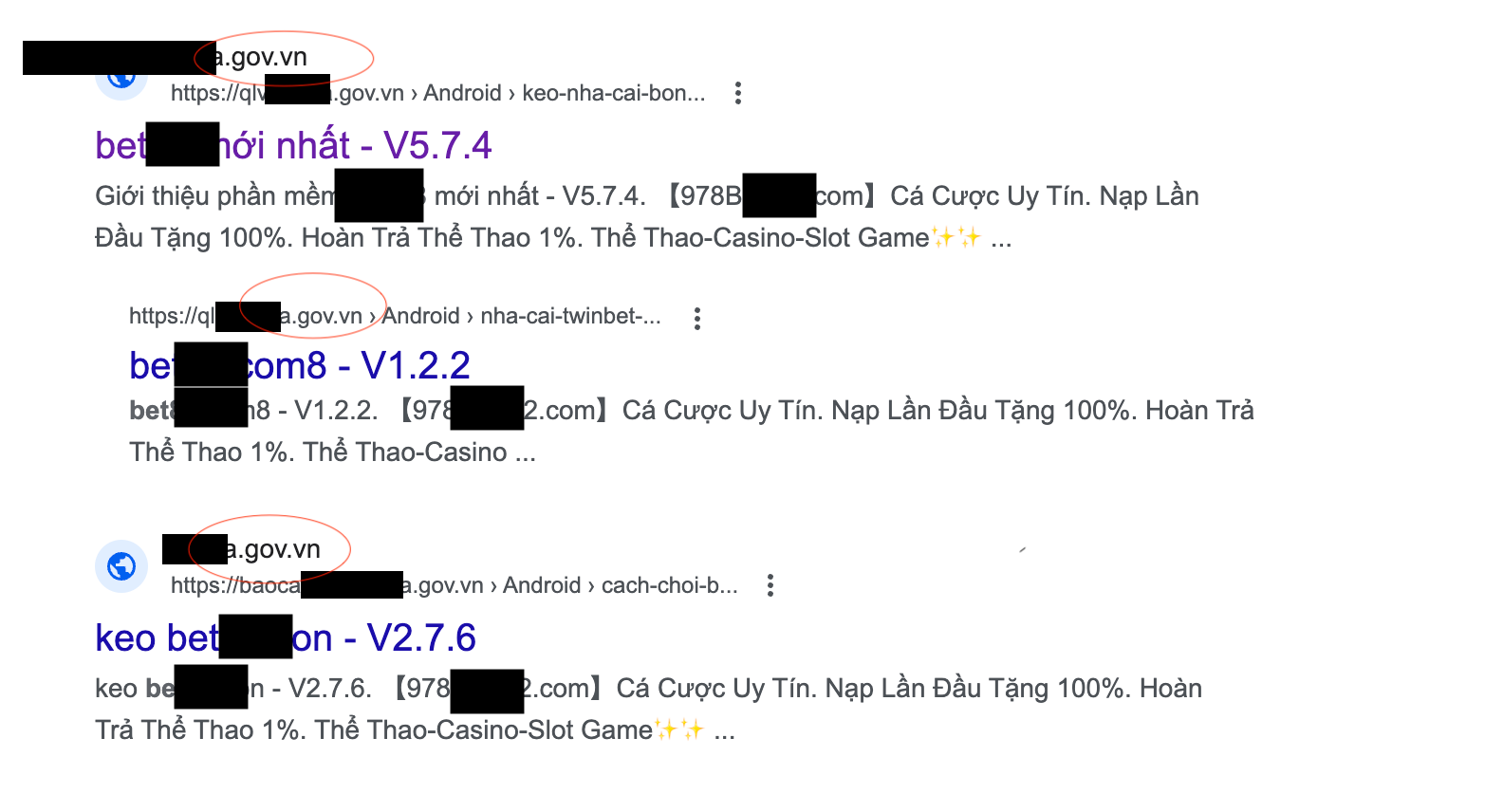 Bùng phát các quảng cáo website cờ bạc núp bóng link “chính chủ” .gov.vn (Ảnh chụp màn hình search từ Google).