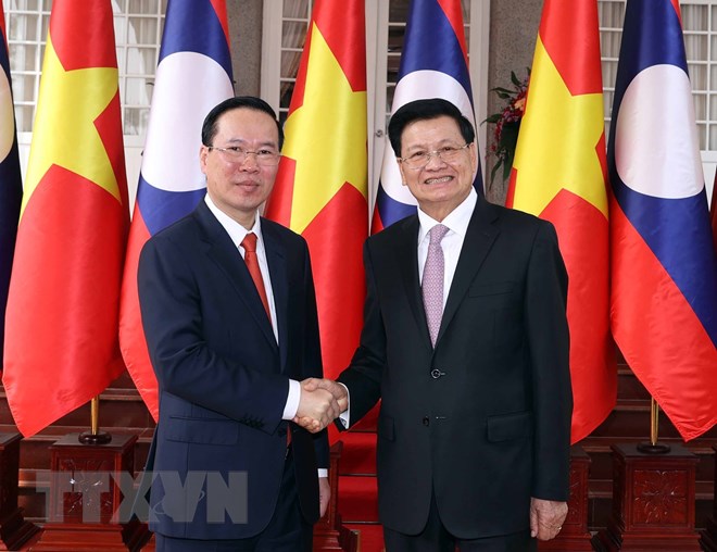 Chủ tịch nước Võ Văn Thưởng và Tổng Bí thư, Chủ tịch nước Lào Thongloun Sisoulith - Ảnh: TTXVN