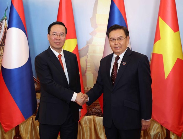 Chủ tịch nước Võ Văn Thưởng hội kiến Chủ tịch Quốc hội Lào Saysomphone Phomvihan - Ảnh: TTXVN