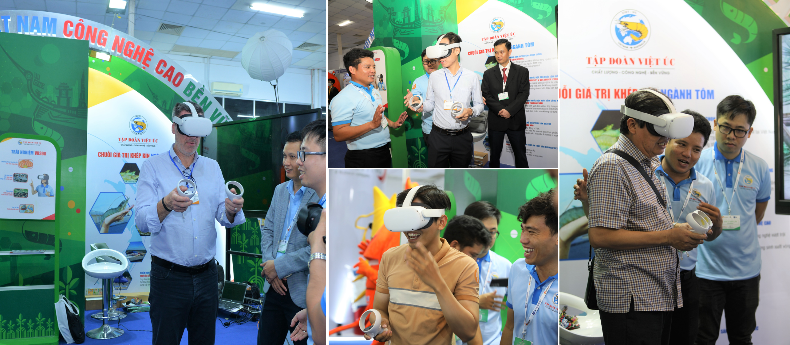 Đông đảo quan khách hào hứng trải nghiệm tham quan Khu phức hợp sản xuất Tôm Việt Úc thông qua kính VR360.