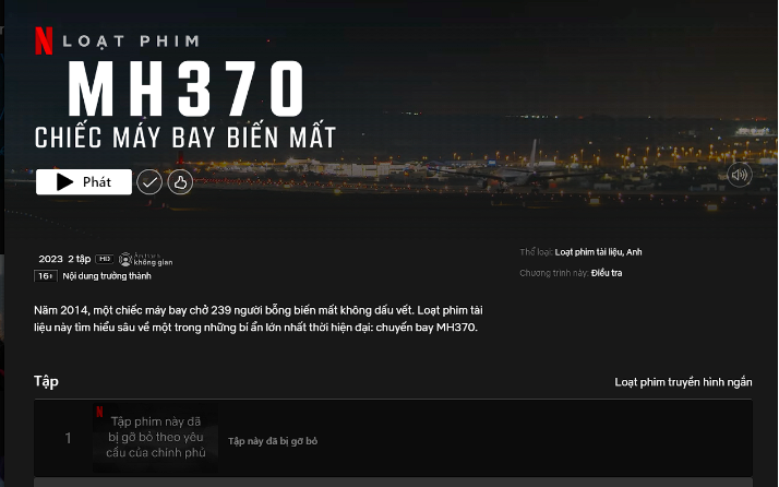Hình ảnh tập 1 của bộ phim đã bị gỡ bỏ trên dịch vụ NETFLIX theo yêu cầu của cơ quan nhà nước - Nguồn: Cục Phát thanh, truyền hình và thông tin điện tử.