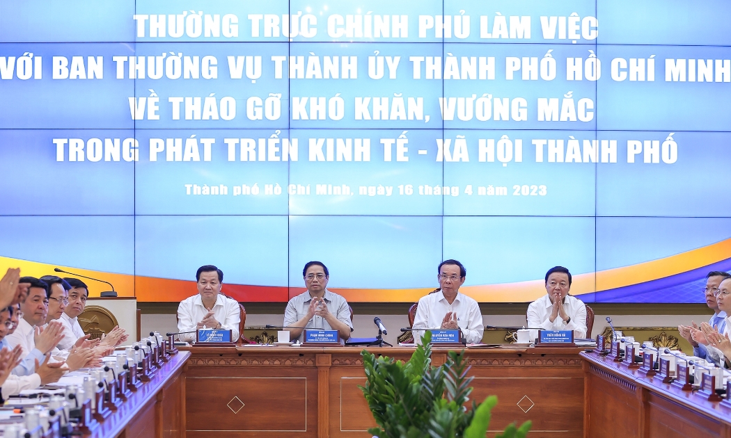 Thủ tướng Chính phủ Phạm Minh Chính tại cuộc họp với Ban Thường vụ Thành ủy TP.HCM - Ảnh TTXVN