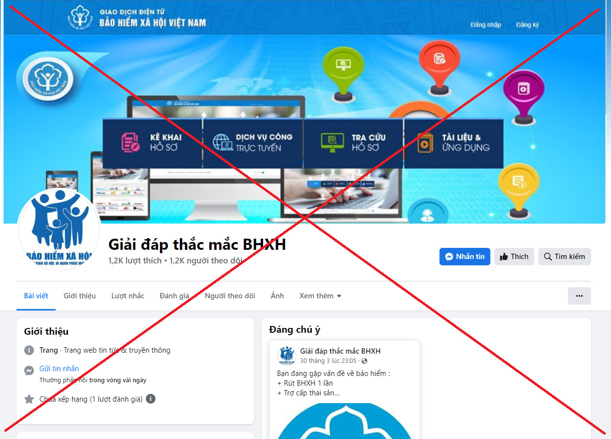  FanPage giả mạo Bảo hiểm xã hội Việt Nam để lừa đảo. Ảnh - BHXH Việt Nam.