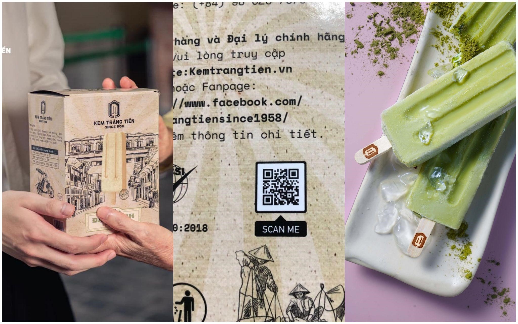 Logo và mã QR thể hiện kem chính hãng trên bao bì. Que kem có logo của hãng.