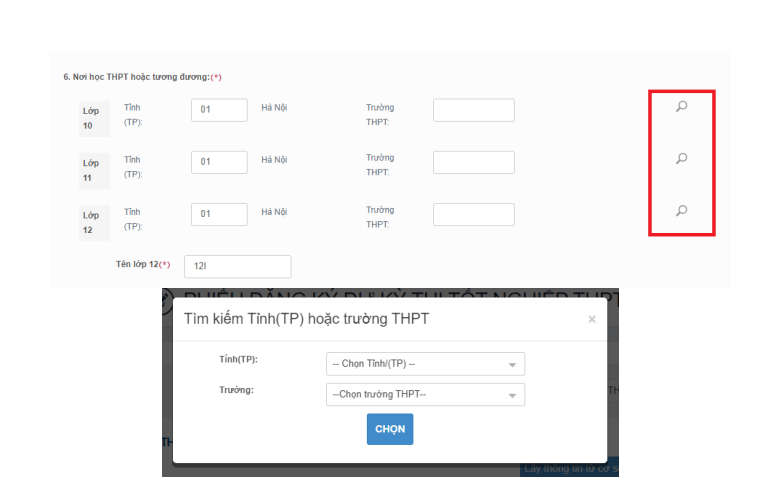 Th&iacute; sinh nhập m&atilde; Tỉnh/TP, m&atilde; trường hoặc chọn n&uacute;t biểu tượng t&igrave;m kiếm. M&agrave;n h&igrave;nh hỗ trợ&nbsp;t&igrave;m kiếm Tỉnh(TP) hoặc trường THPT hiển thị (h&igrave;nh dưới). Th&iacute; sinh chọn Tỉnh(TP) hoặc&nbsp;trường THPT, sau đ&oacute; nhấn Chọn.