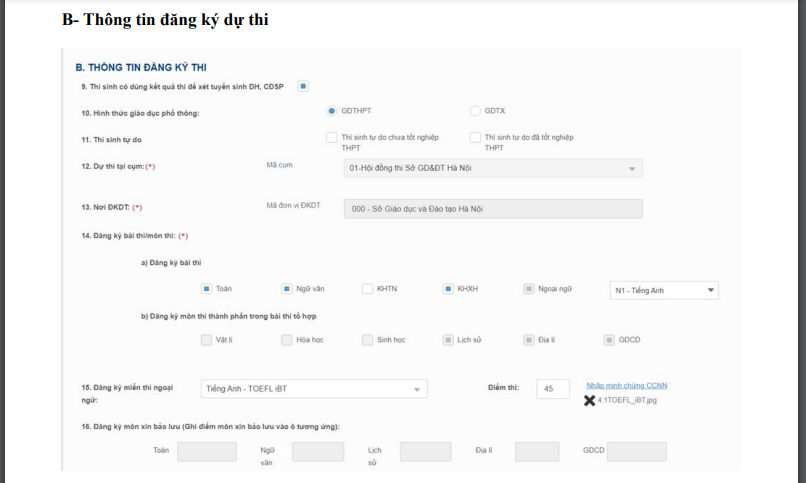 Thi sinh lưu &yacute; Mục 9: Th&iacute; sinh c&oacute; nguyện vọng lấy kết quả dự thi để x&eacute;t tuyển sinh ĐH, CĐ ng&agrave;nh Gi&aacute;o dục Mầm non t&iacute;ch chọn v&agrave;o &ocirc; vu&ocirc;ng. Mục 10: - Học sinh đang học lớp 12 theo chương tr&igrave;nh THPT t&iacute;ch chọn mục GDTHPT.&nbsp;&nbsp; - Học sinh (học vi&ecirc;n) đang học lớp 12 theo chương tr&igrave;nh GDTX chọn mục GDTX.&nbsp;  Mục 11: Học sinh đang học lớp 12 năm học 2022-2023: Kh&ocirc;ng chọn mục n&agrave;y.