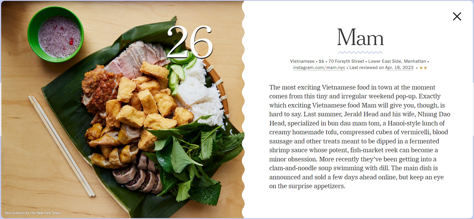 Bài viết giới thiệu nhà hàng Mắm đăng trên The New York Times.