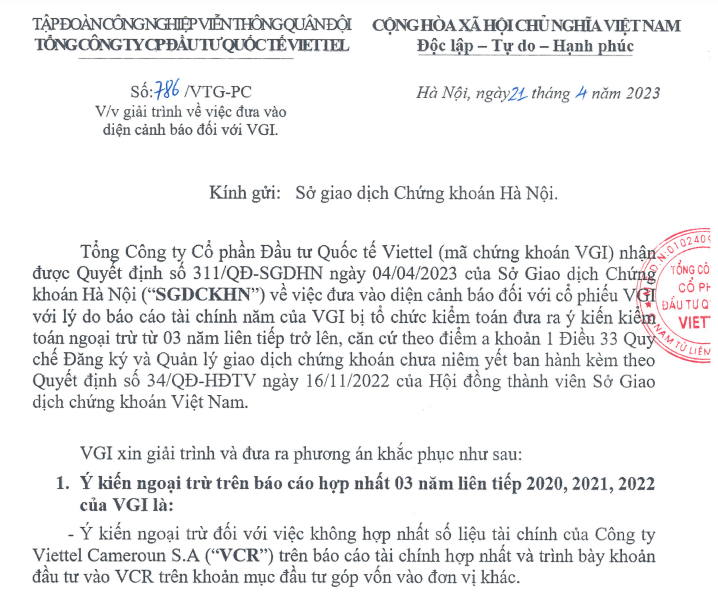Công văn giải trình của Viettel Global.