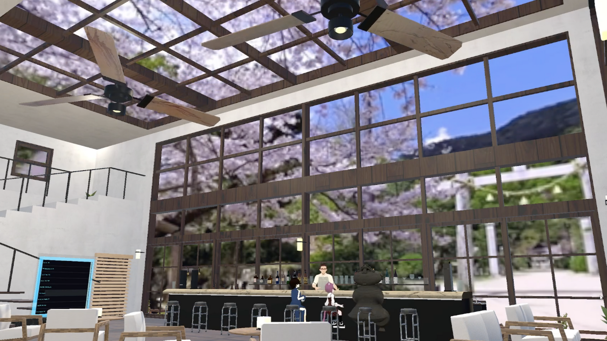 Phong cảnh b&ecirc;n ngo&agrave;i cửa sổ qu&aacute;n c&agrave; ph&ecirc; Anywhere sẽ thay đổi theo nhiều điểm đến kh&aacute;c nhau khi kh&aacute;ch đeo k&iacute;nh thực tế ảo.