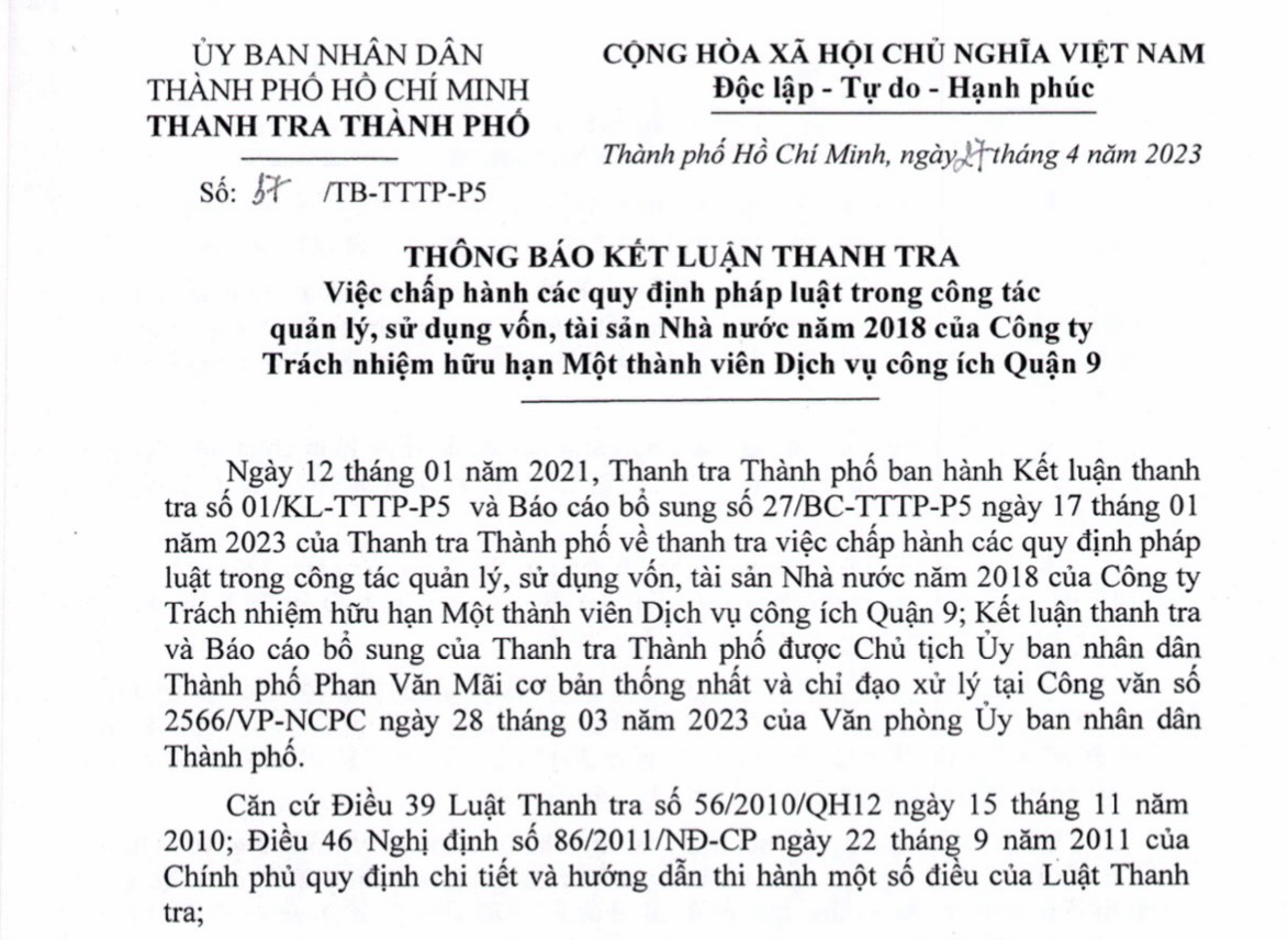 Thông báo Kết luận thanh tra của Thanh tra TP.HCM