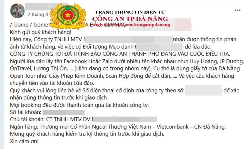 Khuyến cáo của một công ty du lịch bị đối tượng Trang giả mạo để lừa đảo khách hàng.