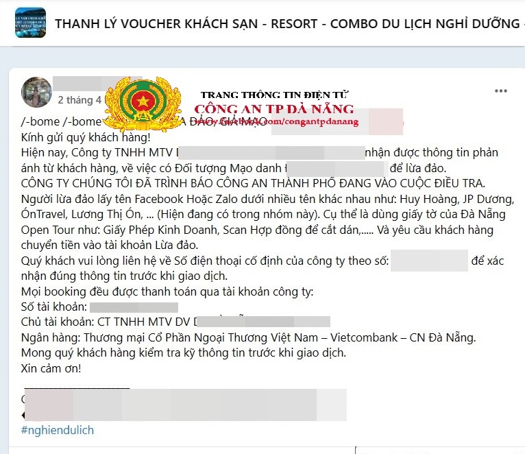 Khuyến cáo của một công ty du lịch bị đối tượng Trang giả mạo để lừa đảo khách hàng.