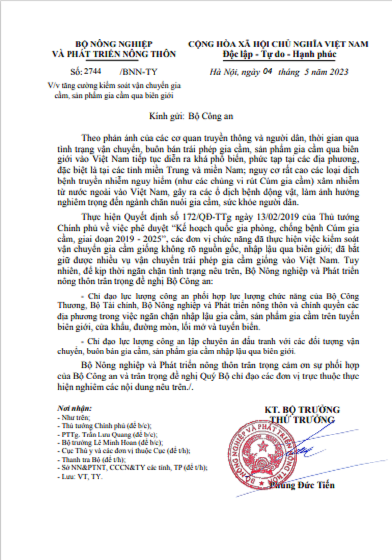 C&ocirc;ng văn của Bộ N&ocirc;ng nghiệp v&agrave; Ph&aacute;t triển n&ocirc;ng th&ocirc;n