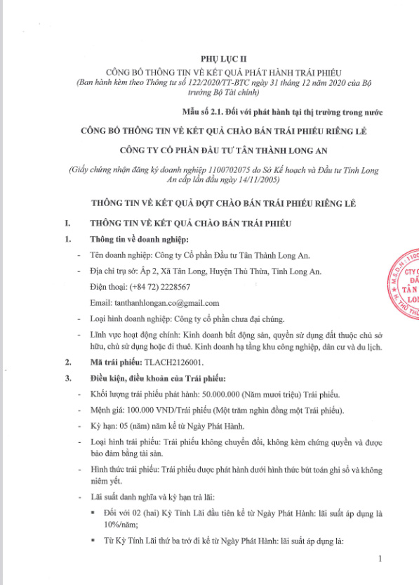 B&aacute;o c&aacute;o kết quả ch&agrave;o b&aacute;n cổ phiếu ri&ecirc;ng lẻ của T&acirc;n Th&agrave;nh Long An