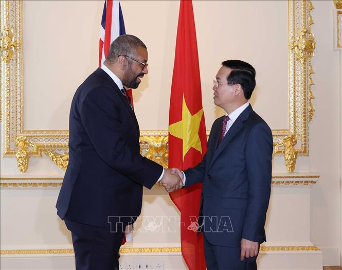 Chủ tịch nước Võ Văn Thưởng gặp Bộ trưởng Ngoại giao Anh James Cleverly - Ảnh: TTXVN.