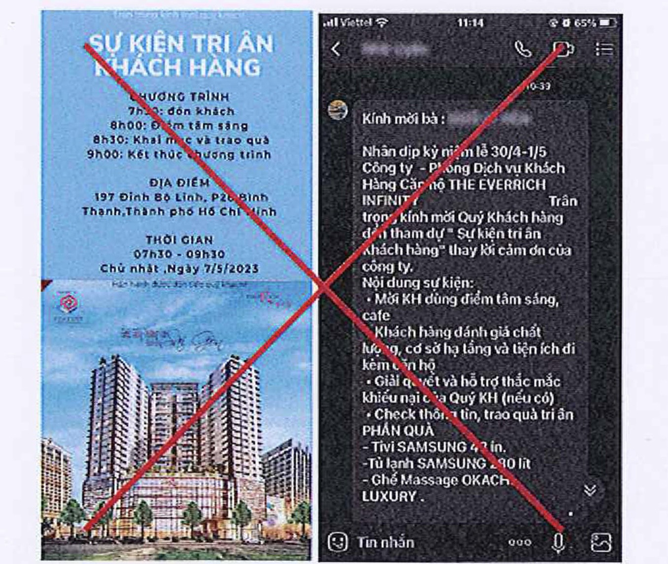 Thư mời giả mạo tham dự sự kiện tri &acirc;n&nbsp;kh&aacute;ch h&agrave;ng mua dự &aacute;n The EverRich Infinity