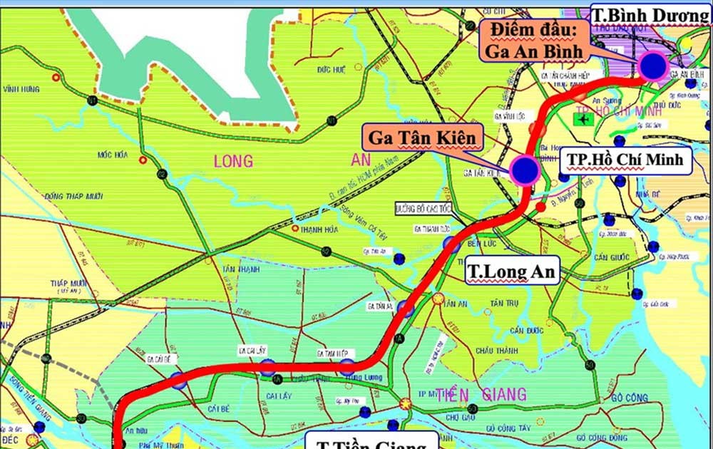 Hướng tuyến đường sắt TP. Hồ Chí Minh - Cần Thơ.