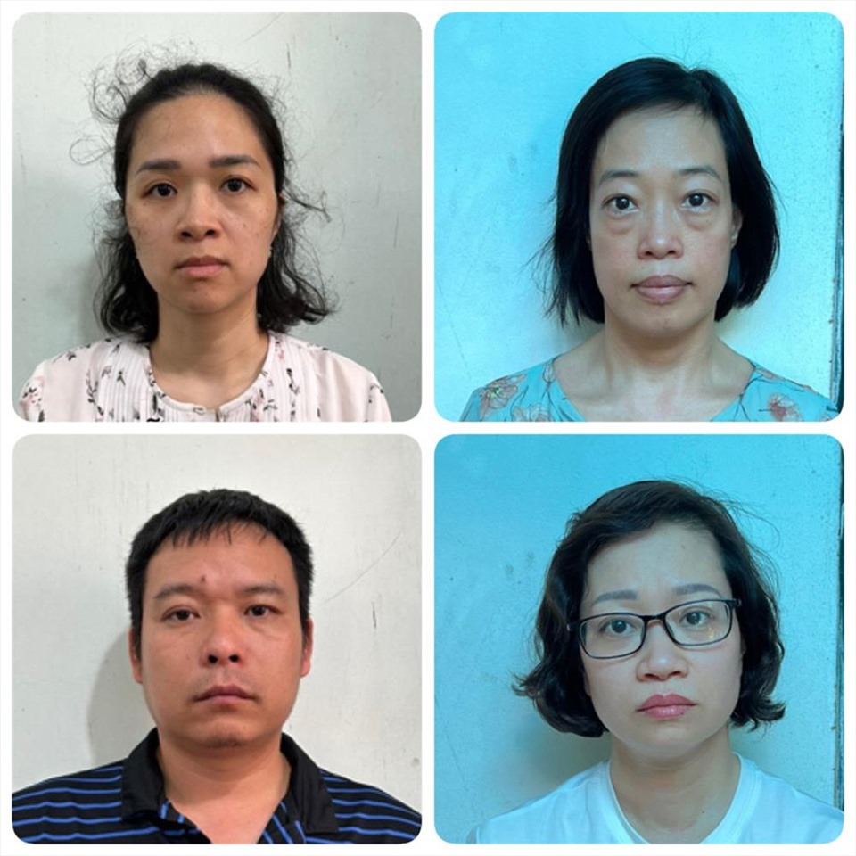 Các bị can (từ trái sang phải, từ trên xuống dưới): Nguyễn Nhật Linh, Đỗ Thị Hoa, Nguyễn Quý Khái, Bùi Thị Mai Hương. Ảnh: Bộ Công an.