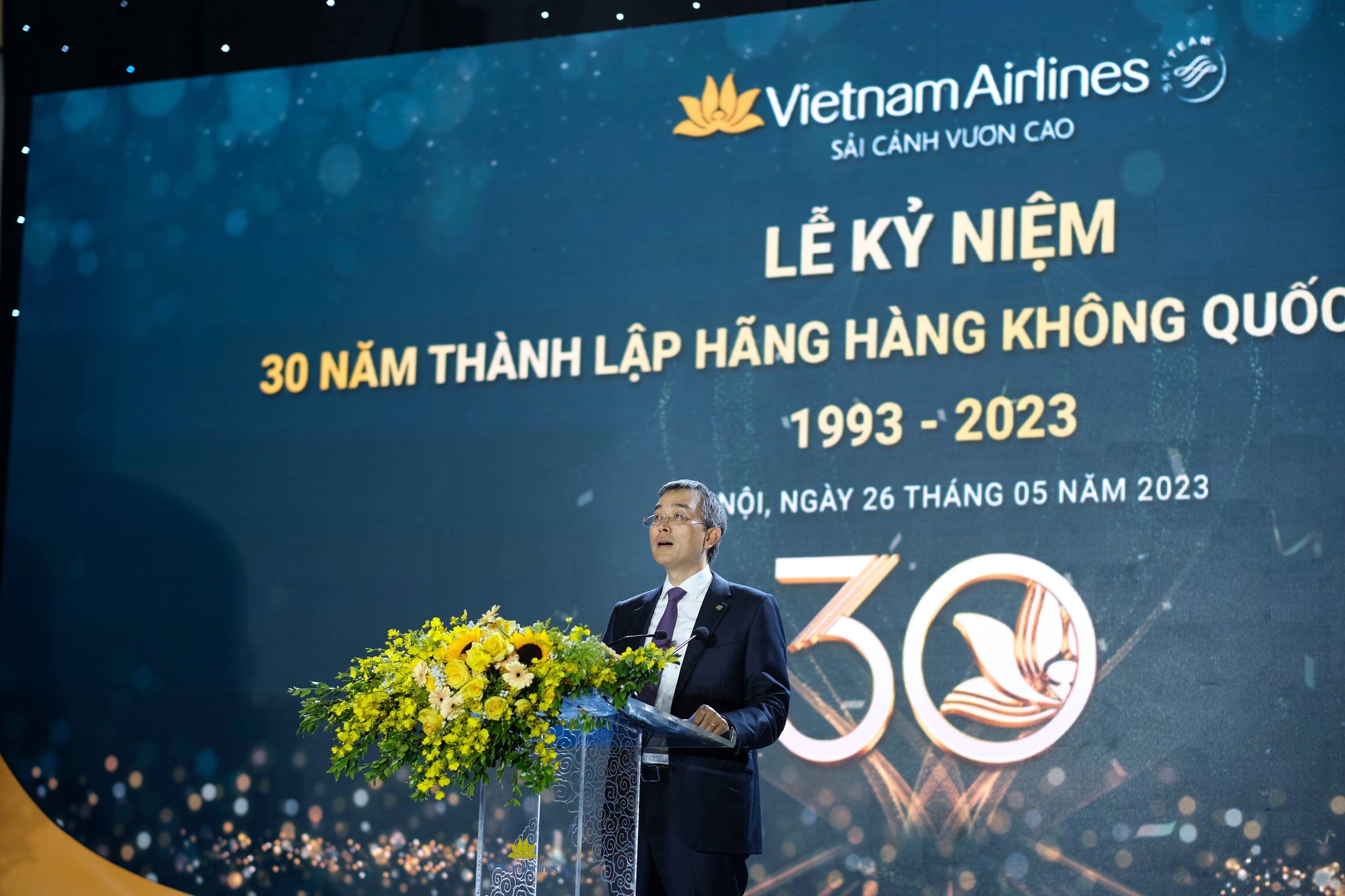 Chủ tịch HĐQT Vietnam Airlines Đặng Ngọc Hòa phát biểu tại lễ kỉ niệm 30 năm thành lập Hãng Hàng không Quốc gia.