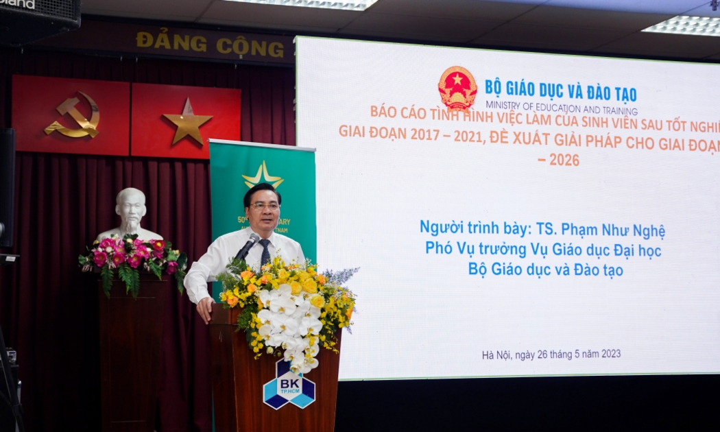 “Báo cáo tình hình việc làm của sinh viên sau tốt nghiệp Giai đoạn 2017 - 2021 và đề xuất Giải pháp cho Giai đoạn 2023-2026” của ông Phạm Như Nghệ, Phó Vụ Trưởng Vụ Giáo dục Đại học.