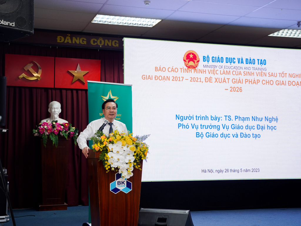 “Báo cáo tình hình việc làm của sinh viên sau tốt nghiệp Giai đoạn 2017 - 2021 và đề xuất Giải pháp cho Giai đoạn 2023-2026” của ông Phạm Như Nghệ, Phó Vụ Trưởng Vụ Giáo dục Đại học.