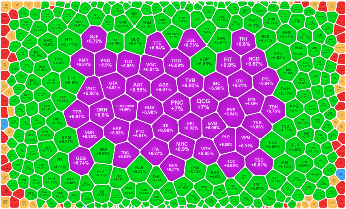 Nhiều chục cổ phiếu tăng giá kịch biên độ trong phiên giao dịch hôm nay, chủ yếu là các mã nhỏ.