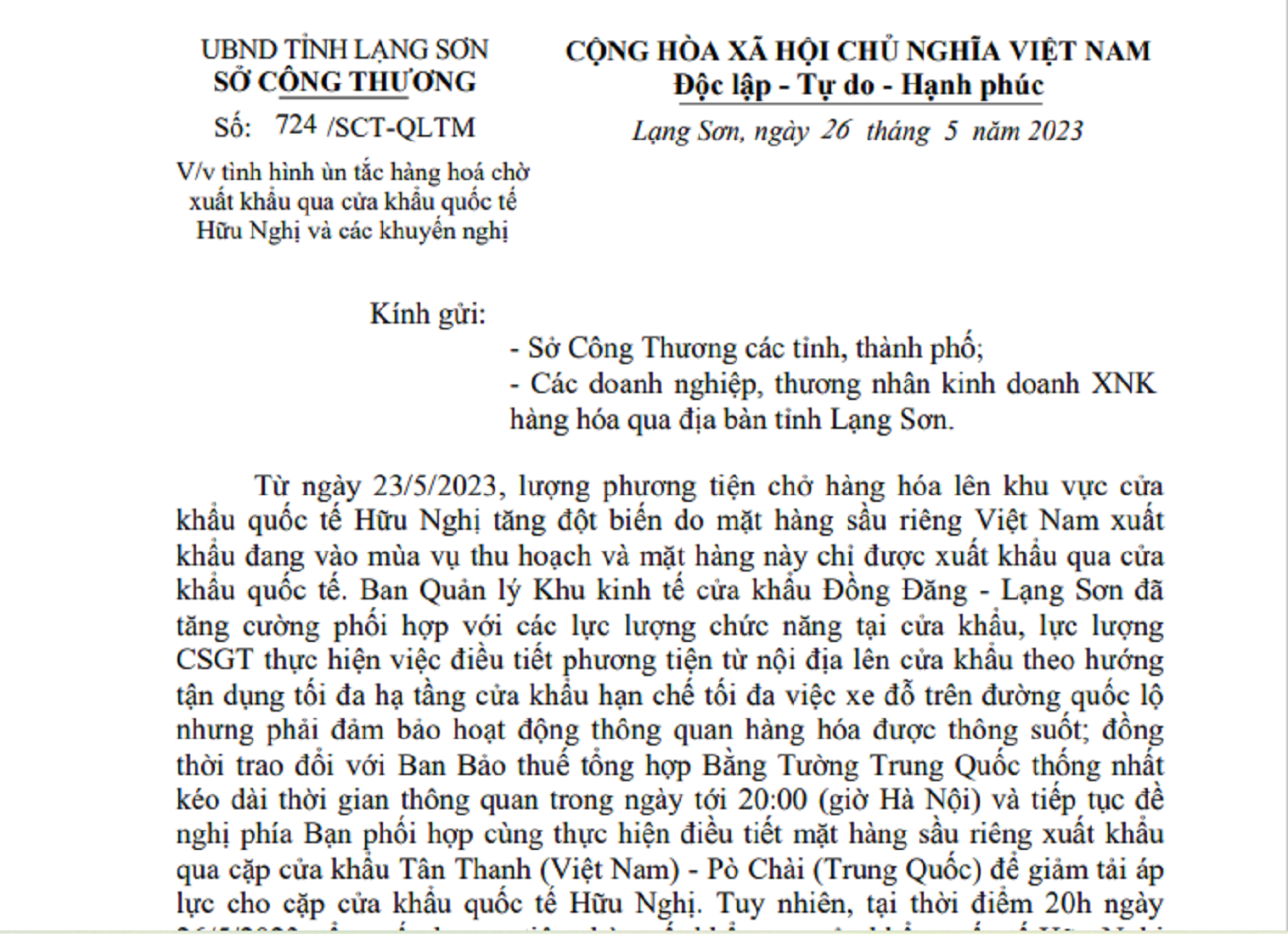 C&ocirc;ng văn của Sở C&ocirc;ng thương tỉnh Lạng Sơn.