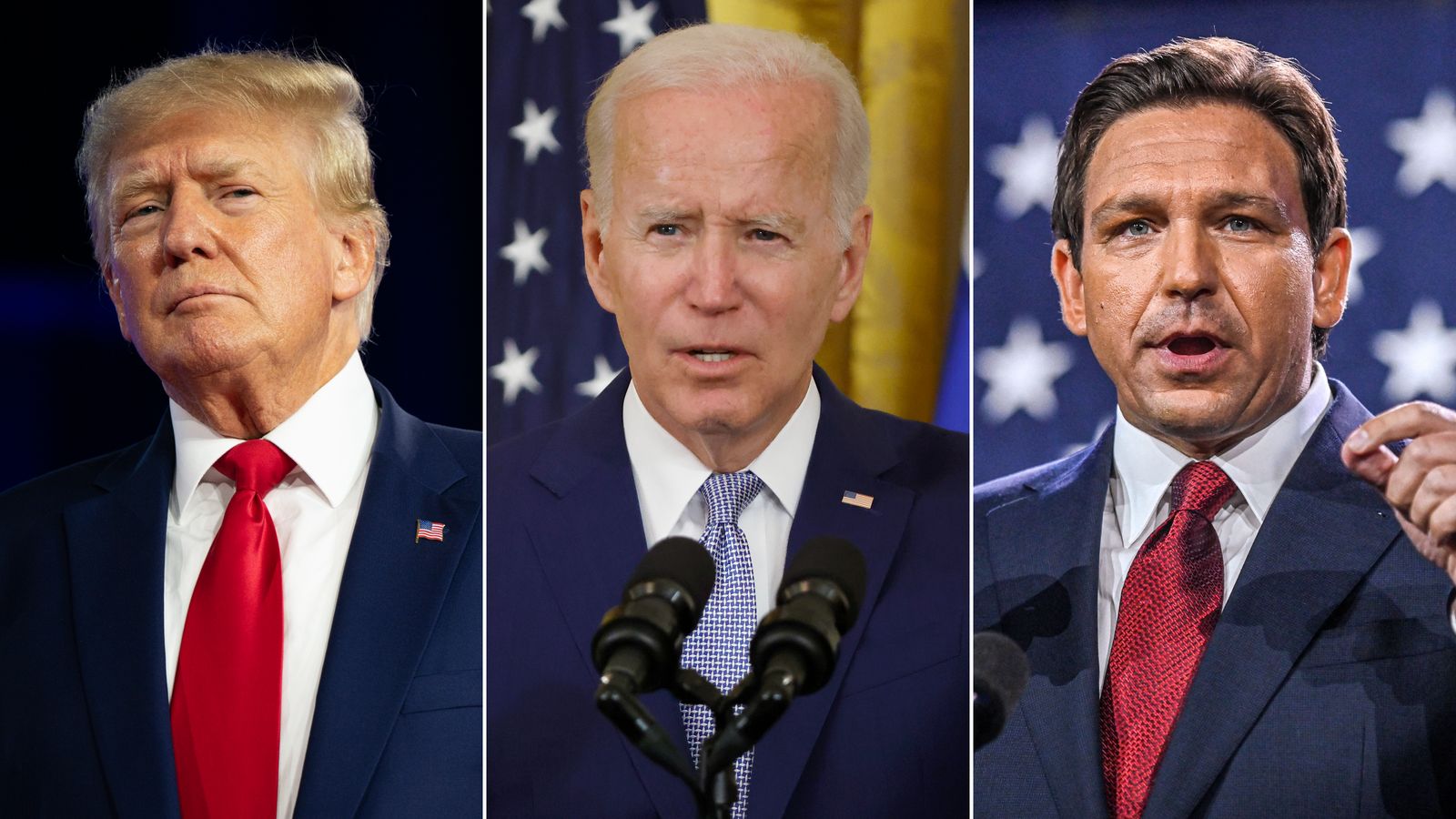 Từ trái sang phải: Cựu Tổng thống Donald Trump, Tổng thống Joe Biden và Thống đốc bang Florida Ron DeSantis - Ảnh: CNN